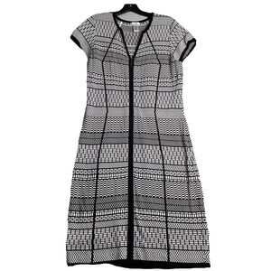 Cache Short Sleeve Geometric Dress Women's XL  Full Zip Black White Stretch READ